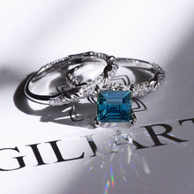 Load image into Gallery viewer, 1.5 Carat Princess Cut Teal Sapphire White Gold Floral Engagement Ring Set