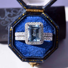 Load image into Gallery viewer, 3Ct Aquamarine Engagement Ring Halo Emerald Step Cut Moissanite Engagement Ring, 9x7mm Emerald Cut Aquamarine Engagement Ring with Eternity Band
