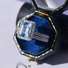 Load image into Gallery viewer, 3Ct Aquamarine Engagement Ring Halo Emerald Step Cut Moissanite Engagement Ring, 9x7mm Emerald Cut Aquamarine Engagement Ring with Eternity Band