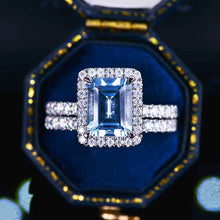 Load image into Gallery viewer, 3Ct Aquamarine Engagement Ring Halo Emerald Step Cut Moissanite Engagement Ring, 9x7mm Emerald Cut Aquamarine Engagement Ring with Eternity Band