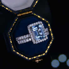 Load image into Gallery viewer, 3Ct Aquamarine Engagement Ring Halo Emerald Step Cut Moissanite Engagement Ring, 9x7mm Emerald Cut Aquamarine Engagement Ring with Eternity Band