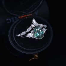 Load image into Gallery viewer, 14K White Gold 2 Carat Oval Teal Sapphire Halo Engagement Ring, Unique Eternity Ring Set