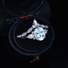 Load image into Gallery viewer, 14K White Gold 2 Carat Oval Aquamarine Halo Engagement Ring, Unique Eternity Ring Set