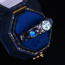 Load image into Gallery viewer, 6mm Round Aquamarine Blue Opal Celtic Engagement Ring 14K Black Gold