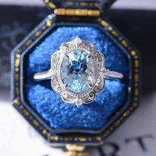 Load image into Gallery viewer, 14K Solid White Gold Dainty Aquamarine Ring, 2ct Oval Cut Aquamarine Ring, Unique Oval Halo Vintage Ring.