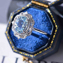 Load image into Gallery viewer, 14K Solid White Gold Dainty Aquamarine Ring, 2ct Oval Cut Aquamarine Ring, Unique Oval Halo Vintage Ring.