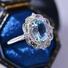 Load image into Gallery viewer, 14K Solid White Gold Dainty Aquamarine Ring, 2ct Oval Cut Aquamarine Ring, Unique Oval Halo Vintage Ring.
