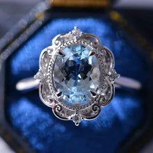 Load image into Gallery viewer, 14K Solid White Gold Dainty Aquamarine Ring, 2ct Oval Cut Aquamarine Ring, Unique Oval Halo Vintage Ring.