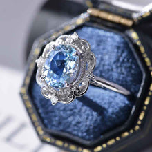 Load image into Gallery viewer, 14K Solid White Gold Dainty Aquamarine Ring, 2ct Oval Cut Aquamarine Ring, Unique Oval Halo Vintage Ring.