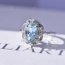 Load image into Gallery viewer, 14K Solid White Gold Dainty Aquamarine Ring, 2ct Oval Cut Aquamarine Ring, Unique Oval Halo Vintage Ring.