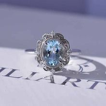 Load image into Gallery viewer, 14K Solid White Gold Dainty Aquamarine Ring, 2ct Oval Cut Aquamarine Ring, Unique Oval Halo Vintage Ring.