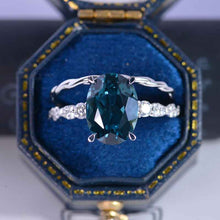 Load image into Gallery viewer, 14K White Gold 3.5 Carat Oval Teal Sapphire Rope Engagement Ring Eternity Ring Set