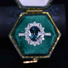 Load image into Gallery viewer, 2 Carat Oval Teal Sapphire Halo Vintage 14K White Gold Engagement Ring