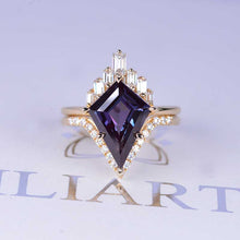 Load image into Gallery viewer, 14K Gold 5 Carat Kite Alexandrite Halo Engagement Ring, Eternity Ring Set. Fairy Tale Nontraditional Ring