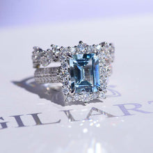 Load image into Gallery viewer, 3Ct Natural Aquamarine Engagement Ring. Halo Emerald Cut Genuine Aquamarine Engagement Ring, 9x7mm Step Cut Aquamarine Engagement Ring with Eternity Band