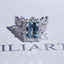 Load image into Gallery viewer, 3Ct Natural Aquamarine Engagement Ring. Halo Emerald Cut Genuine Aquamarine Engagement Ring, 9x7mm Step Cut Aquamarine Engagement Ring with Eternity Band
