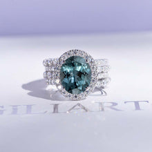 Load image into Gallery viewer, 4Ct Teal Sapphire Halo Engagement Vintage Ring, Oval Shape Cut Teal Sapphire Engagement Ring, Accents Stones 14K White Halo Gold Ring