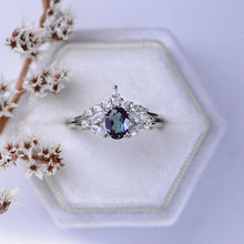 Load image into Gallery viewer, Rhodium Plated Silver Dainty Alexandrite Ring Set, 1ct Oval Cut Alexandrite Ring Set, Silver Ring Unique Curved Marquise Cut Ring Set