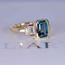 Load image into Gallery viewer, 3 Carat Teal Sapphire Emerald Cut Bezel Set Teal Sapphire Five-Stone 14K Yellow Engagement Ring
