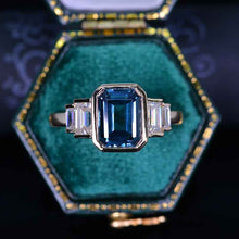 Load image into Gallery viewer, 3 Carat Teal Sapphire Emerald Cut Bezel Set Teal Sapphire Five-Stone 14K Yellow Engagement Ring