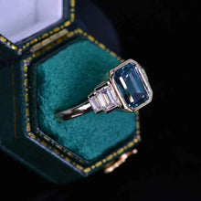 Load image into Gallery viewer, 3 Carat Teal Sapphire Emerald Cut Bezel Set Teal Sapphire Five-Stone 14K Yellow Engagement Ring