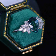 Load image into Gallery viewer, 3CT Pear Shape Teal Sapphire Engagement Ring Set, 3 Carat Pear Floral Twig Design 14K White Gold,