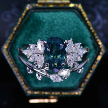 Load image into Gallery viewer, 3CT Pear Shape Teal Sapphire Engagement Ring Set, 3 Carat Pear Floral Twig Design 14K White Gold,