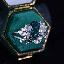 Load image into Gallery viewer, 3CT Pear Shape Teal Sapphire Engagement Ring Set, 3 Carat Pear Floral Twig Design 14K White Gold,
