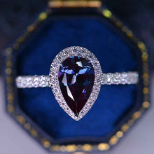 Load image into Gallery viewer, 14K Solid White Gold 3 Carat Halo Pear Cut Alexandrite Unique Ring