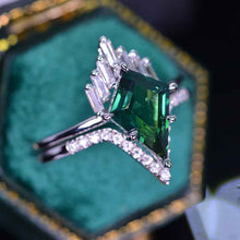 Load image into Gallery viewer, 2.5 Carat Kite Teal Sapphire Halo 14K White Gold Engagement Ring, Eternity Ring Set