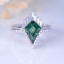 Load image into Gallery viewer, 2.5 Carat Kite Teal Sapphire Halo 14K White Gold Engagement Ring, Eternity Ring Set