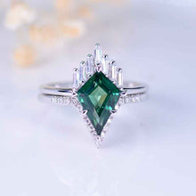 Load image into Gallery viewer, 2.5 Carat Kite Teal Sapphire Halo 14K White Gold Engagement Ring, Eternity Ring Set