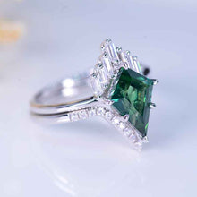 Load image into Gallery viewer, 2.5 Carat Kite Teal Sapphire Halo 14K White Gold Engagement Ring, Eternity Ring Set