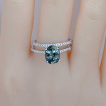 Load image into Gallery viewer, 3 Carat Oval Teal Sapphire Hidden Halo Engagement Ring Set