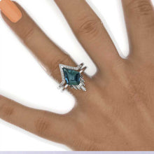 Load image into Gallery viewer, 14K Yellow Gold 4 Carat Kite Teal Sapphire Halo Engagement Ring, Eternity Ring Set