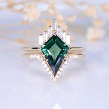 Load image into Gallery viewer, 14K Yellow Gold 5 Carat Kite Teal Sapphire Halo Engagement Ring, Eternity Ring Set