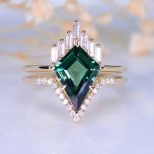 Load image into Gallery viewer, 14K Yellow Gold 5 Carat Kite Teal Sapphire Halo Engagement Ring, Eternity Ring Set