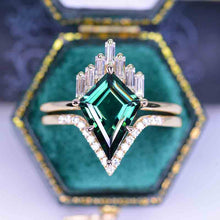 Load image into Gallery viewer, 14K Yellow Gold 5 Carat Kite Teal Sapphire Halo Engagement Ring, Eternity Ring Set