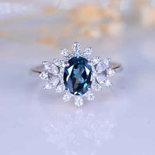 Load image into Gallery viewer, 14K White Gold 1.5 Carat Oval Teal Sapphire Snowflake Halo Engagement Ring