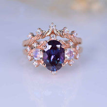 Load image into Gallery viewer, Alexandrite Ring Set, Oval Cut Alexandrite Floral Twig Ring Set, White Gold Ring Unique Curved Ring Set