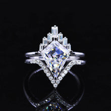 Load image into Gallery viewer, 14K White Gold 3 Carat Kite Moissanite Halo Engagement Ring, Eternity Ring Set