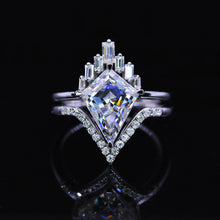 Load image into Gallery viewer, 14K White Gold 3 Carat Kite Moissanite Halo Engagement Ring, Eternity Ring Set