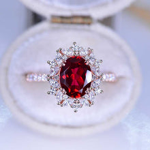 Load image into Gallery viewer, 2 Carat Oval Ruby Halo Vintage 14K Rose Gold Engagement Ring
