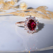 Load image into Gallery viewer, 2 Carat Oval Ruby Halo Vintage 14K Rose Gold Engagement Ring
