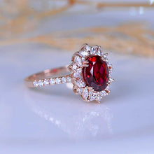 Load image into Gallery viewer, 2 Carat Oval Ruby Halo Vintage 14K Rose Gold Engagement Ring
