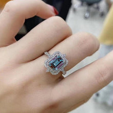 Load image into Gallery viewer, 3Ct Emerald cut Halo Alexandrite ring, alexandrite solitaire ring, natural alexandrite ring, genuine Alexandrite emerald cut vintage ring