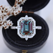 Load image into Gallery viewer, 3Ct Emerald cut Halo Alexandrite ring, alexandrite solitaire ring, natural alexandrite ring, genuine Alexandrite emerald cut vintage ring