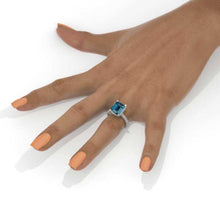 Load image into Gallery viewer, 3 Carat Emerald Cut Teal Sapphire Hidden Halo Engagement Ring