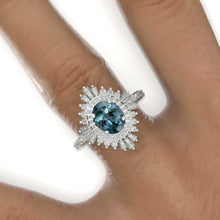Load image into Gallery viewer, 2 Carat Teal Sapphire Oval Cut Halo Gold Engagement Ring