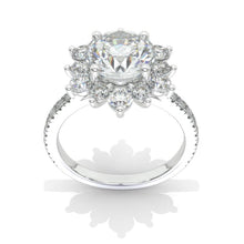 Load image into Gallery viewer, 2 Carat Round Moissanite Snowflake Halo Engagement Ring. Victorian 14K White Gold Ring